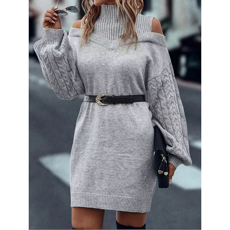Mini Sweater Dress Knit Cold-Shoulder Turtleneck — view 10