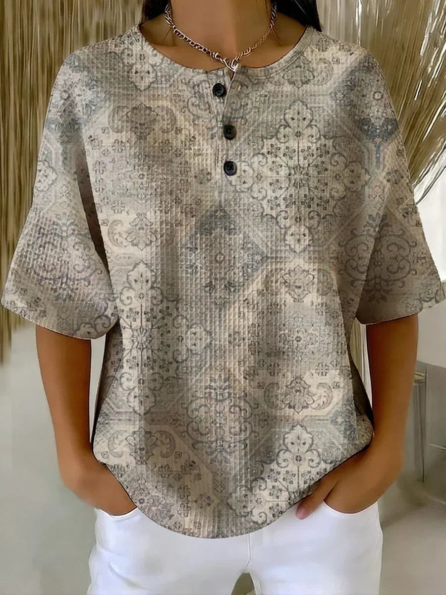 Waffle Knit Sweatshirt Grey Vintage Print Button Placket