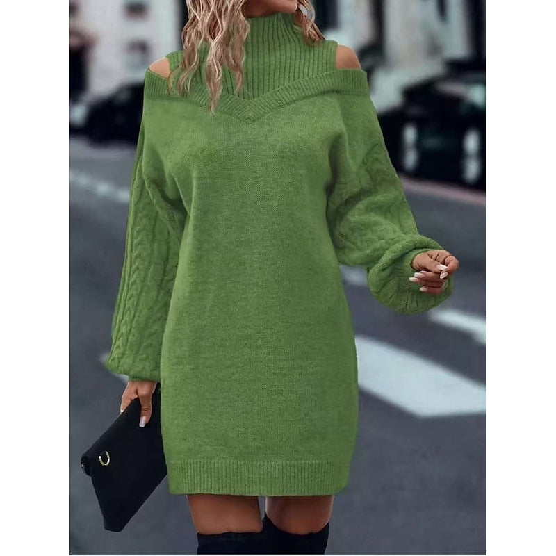 Mini Sweater Dress Knit Cold-Shoulder Turtleneck — view 2