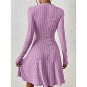 Mini Dress Ribbed Knit V-Neck A-Line Long Sleeve — view 7