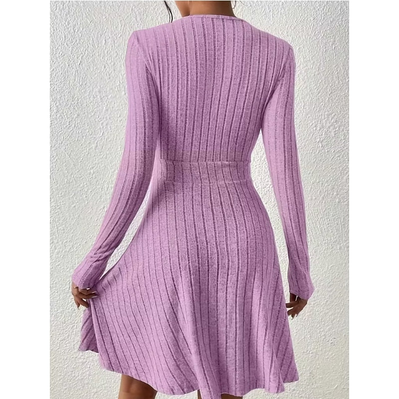 Mini Dress Ribbed Knit V-Neck A-Line Long Sleeve — view 7