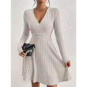 Mini Dress Ribbed Knit V-Neck A-Line Long Sleeve — view 2