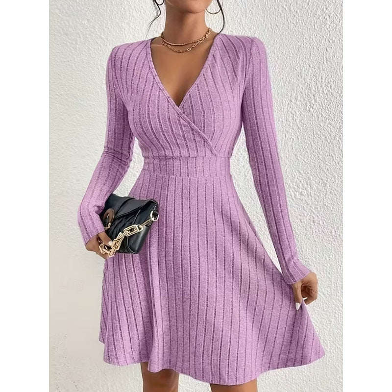 Mini Dress Ribbed Knit V-Neck A-Line Long Sleeve