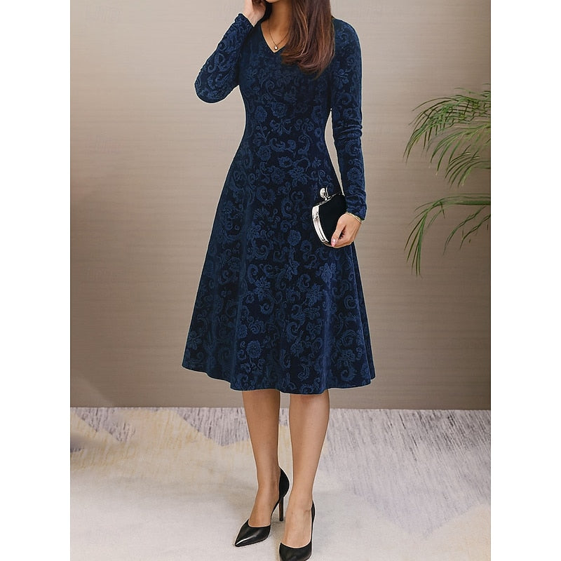 Midi Dress Velvet Floral A-Line Long Sleeve