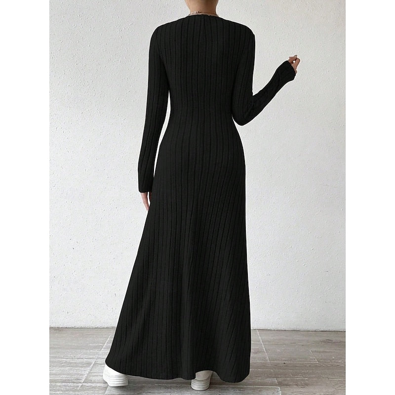 Maxi Dress Ribbed Knit Long Sleeve V-Neck — view 3