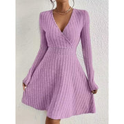 Mini Dress Ribbed Knit V-Neck A-Line Long Sleeve — view 8