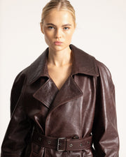Trench Coat Dark Brown Leather Belted Oversized — view 3