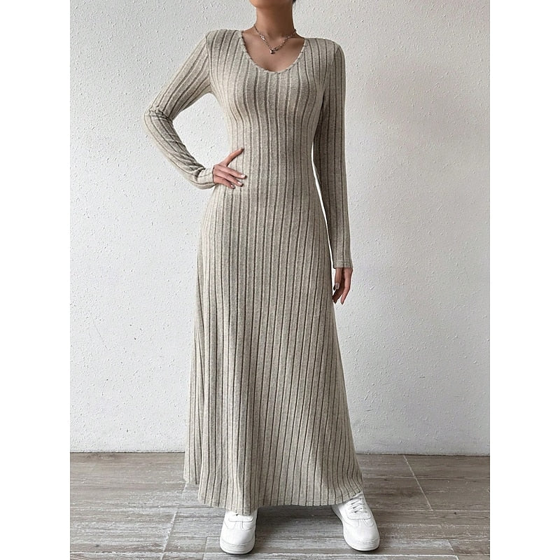 Maxi Dress Ribbed Knit Long Sleeve V-Neck — view 6