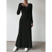 Maxi Dress Ribbed Knit Long Sleeve V-Neck