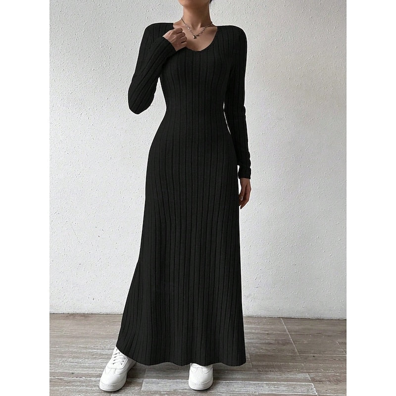 Maxi Dress Ribbed Knit Long Sleeve V-Neck