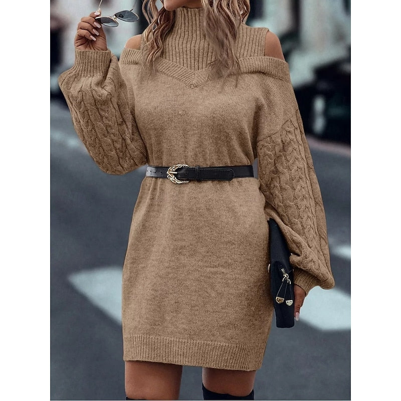 Mini Sweater Dress Knit Cold-Shoulder Turtleneck — view 2