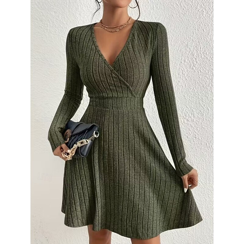 Mini Dress Ribbed Knit V-Neck A-Line Long Sleeve — view 5