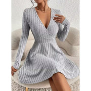Mini Dress Ribbed Knit V-Neck A-Line Long Sleeve — view 9