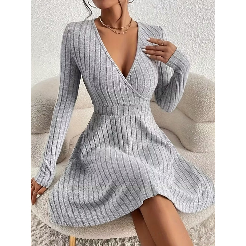 Mini Dress Ribbed Knit V-Neck A-Line Long Sleeve — view 9
