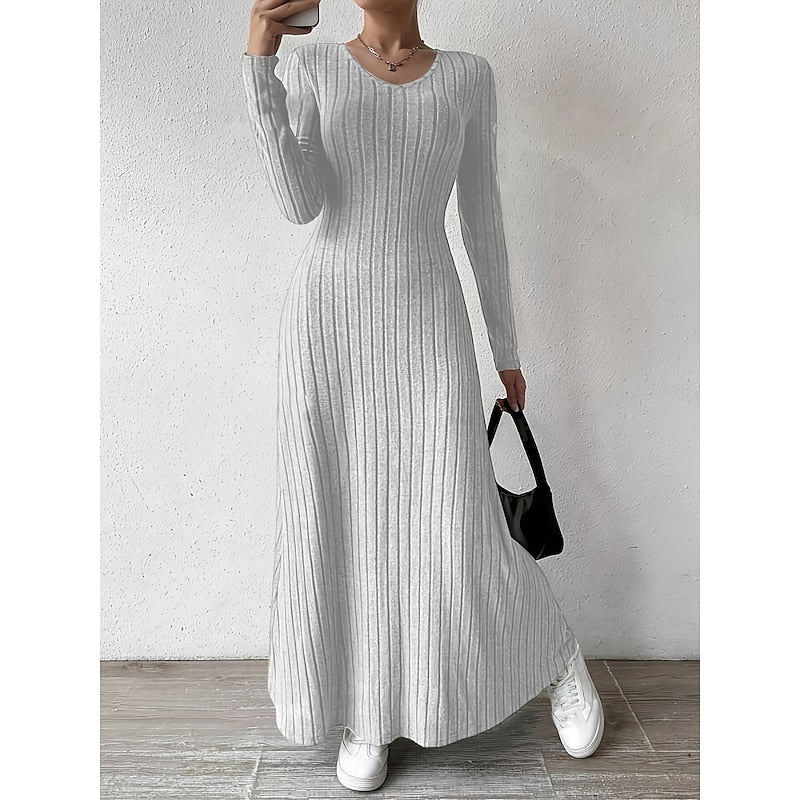 Maxi Dress Ribbed Knit Long Sleeve V-Neck — view 2