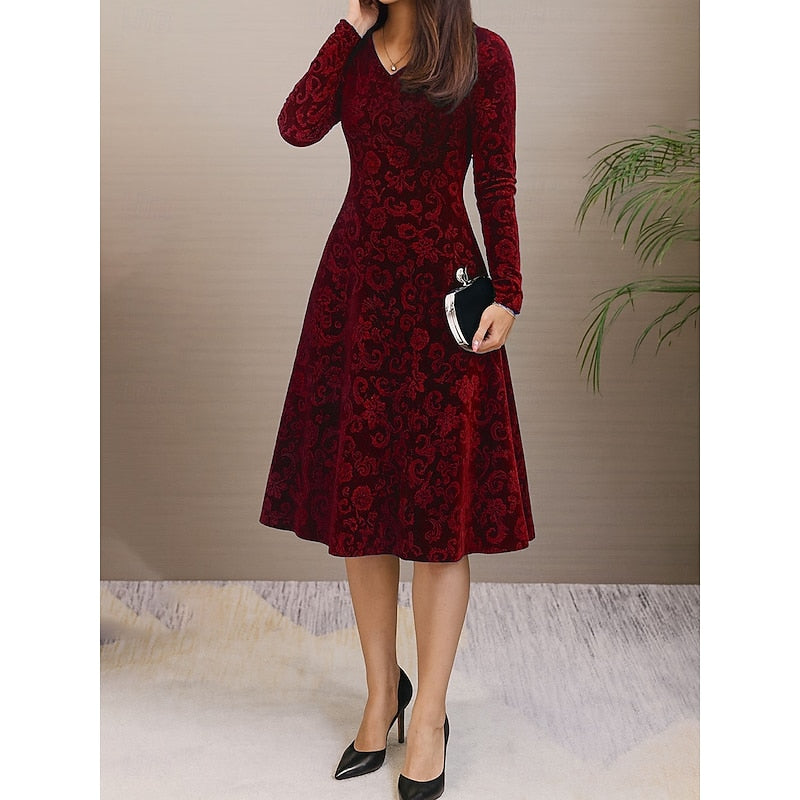 Midi Dress Velvet Floral A-Line Long Sleeve