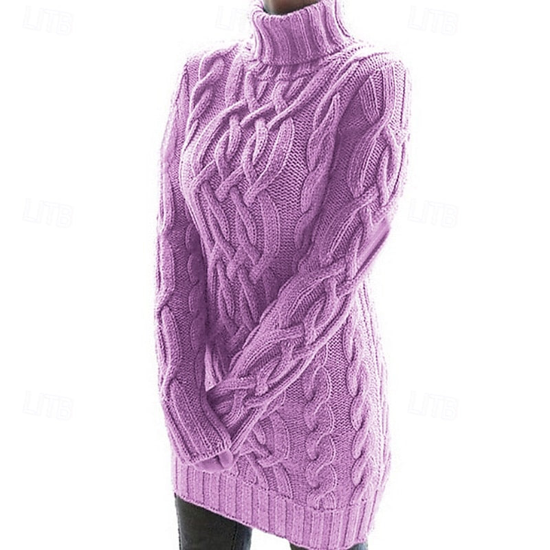 Sweater Dress Cable-Knit Turtleneck Long Sleeve — view 2