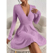 Mini Dress Ribbed Knit V-Neck A-Line Long Sleeve — view 6