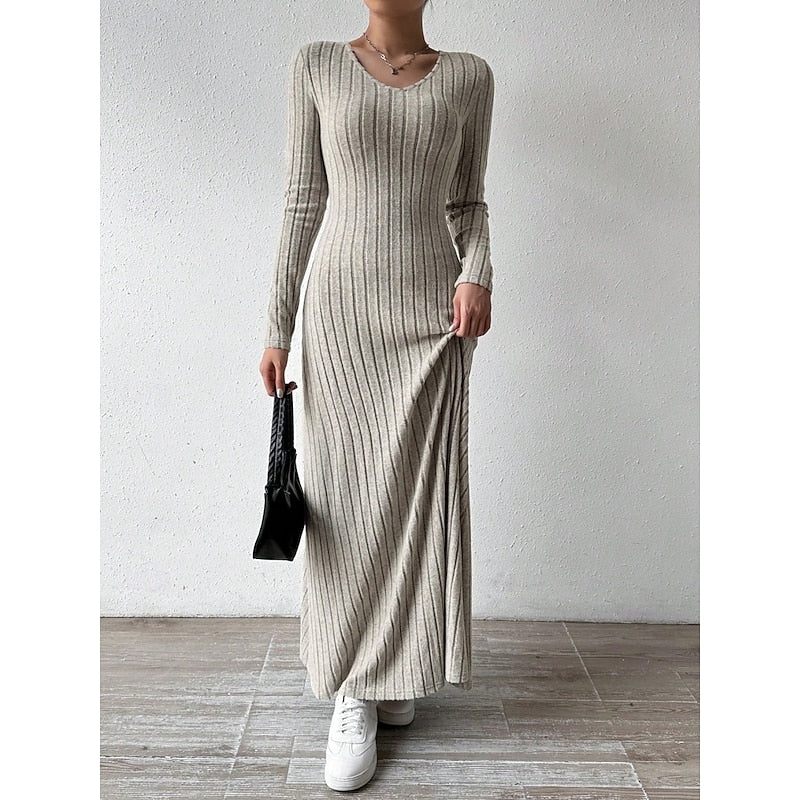 Maxi Dress Ribbed Knit Long Sleeve V-Neck — view 8