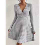 Mini Dress Ribbed Knit V-Neck A-Line Long Sleeve