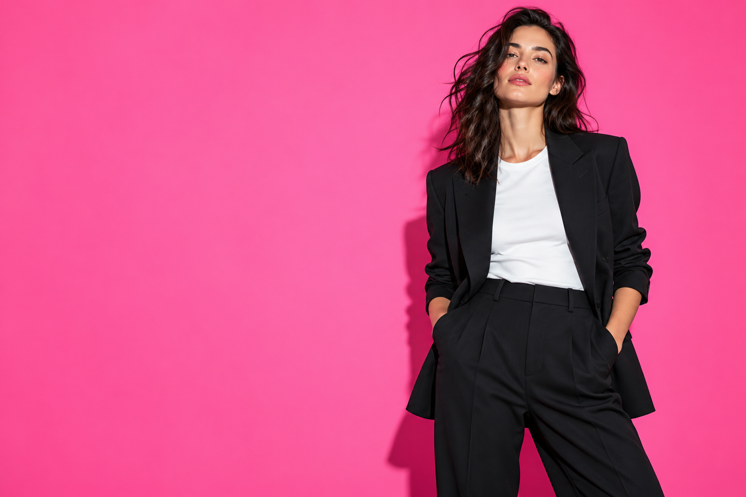 TARLI STUDIO woman in black tailoring against a vivid pink studio backdrop